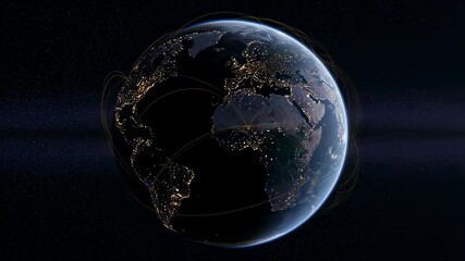 Wall Mural - earth at night with glowing city lights connected by data lines. global communication network concep