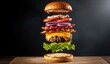 © LucasNairne - A towering gourmet burger deconstructed in mid-air, each ingredient floating and perfectly aligned over a wooden board, dark moody background, dramatic lighting