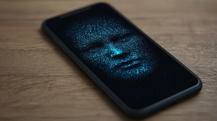 Wall Mural - ai workforce solutions concepts, a phone displaying a digital face created from sparkling particles 