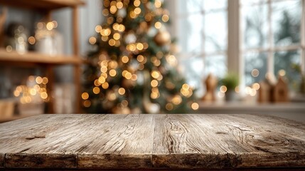 Wall Mural - a wooden table top on a blurred background of a christmas tree in the room. a new year's concept wit