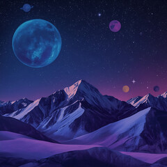 Wall Mural - The image depicts a vibrant abstract landscape with geometric mountains and celestial bodies.