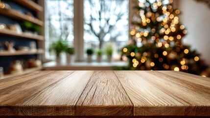 Wall Mural - a wooden table top on a blurred background of a christmas tree in the room. a new year's concept wit