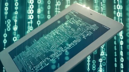 Digital tablet screen displaying code over a binary background