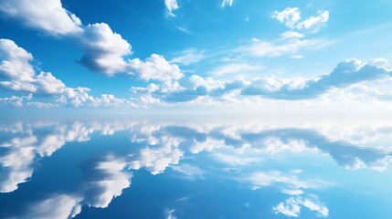 Wall Mural - blue sky with fluffy clouds perfectly reflected on calm salt flat surface, surreal scene