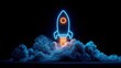 © tahir xh - A stylized neon-blue rocket ship is depicted launching from a cloud of glowing blue smoke, against a dark background. The rocket is outlined in bright blue neon, with an orange circle detail at its no