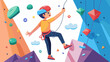 © Justlight - A boy carefully navigates a virtual climbing wall finding imaginative handholds and footholds as he ascends to the top in a VR rock climbing. Vector illustration