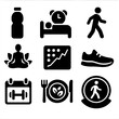 © Vectoria - Healthy Lifestyle Icons. Solid style icons of healthy lifestyle habits: water bottle, 8 hours sleep, walk icon, mindfulness symbol