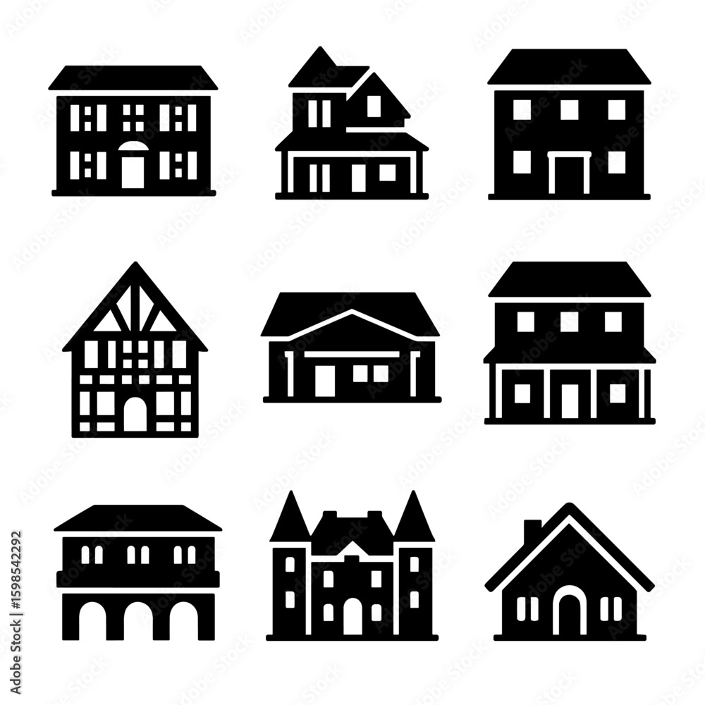 Traditional Housing Icons. Solid style icons of traditional housing ...