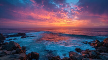 Wall Mural - Waves crash against rock formations as a vibrant sunset paints the sky in shades of orange and purple. The tranquil ocean reflects the brilliant colors of dusk.
