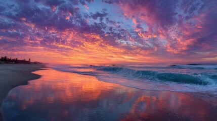 Wall Mural - A stunning sunset casts vivid hues across the sky and water, creating a serene atmosphere. Gentle waves lap against the beach, highlighting the day's end in a coastal location.