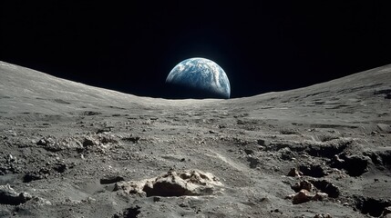 Wall Mural - a breathtaking perspective of earth rising over the lunar horizon, capturing the stark contrast of t