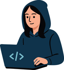 flat vector female coder with hoodie and laptop, flat tech style, isolated on white