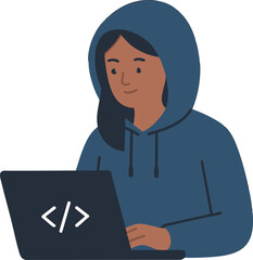 flat vector female coder with hoodie and laptop, flat tech style, isolated on white