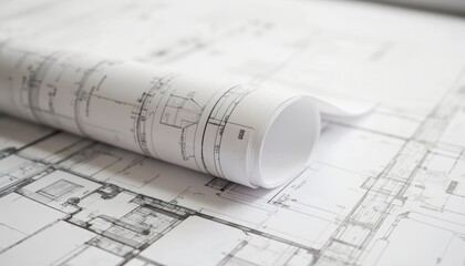 Architectural blueprint rolls, detailed structural lines, measurements. Intricate design elements on paper plans, representing building concepts, urban projects. Essential for civil engineering,