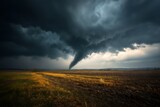 Tornado Storm Over Field – Dramatic Sky, Nature Disaster Scene.