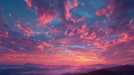 Wall Mural - A stunning sunset casts vibrant colors across the sky above mist-covered mountains. Soft, fluffy clouds reflect pink and purple hues, creating a tranquil scene at dusk.