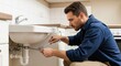 © DigitalSpace - Male technician inspecting and fixing leak below domestic washbasin.
