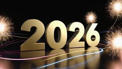Wall Mural - gold and black sign with the numbers 2026 on it. the sign is surrounded by fireworks and has a festi
