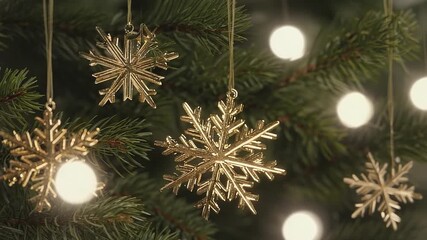 Wall Mural - Tree with four golden snowflakes hanging from it. The snowflakes are intricately designed and appear to be made of gold. Happy New Year