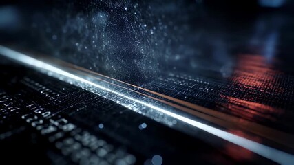 Wall Mural - lines of binary code on a dark surface are covered with small water droplets reflecting bright beams