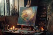 © Sudipta - A Renaissance painter's workspace, a half-finished masterpiece on the easel, oil paints and brushes scattered around, candle-lit ambiance