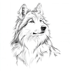  A beautiful black and white ink drawing shows a detailed wild wolf head looking sideways in a striking animal portrait.