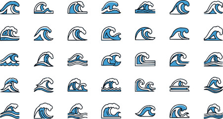 Waves icon set. Sea wave line art icons. Simple blue wave icon collection. Water design concept. Sea and ocean wave symbol, vector illustration
