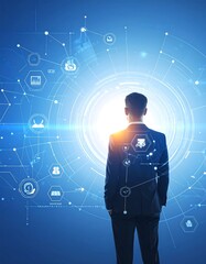 Abstract concept of digital transformation - Man Observing Futuristic Interface Technology and Innovation