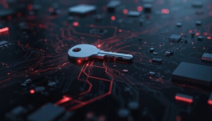 Digital identity key securing data streams on a dark circuit board. Represents blockchain technology, data management, and network security. Features intricate pathways and red glowing lights.