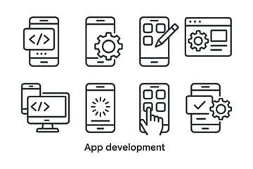 Line icons of mobile app development with coding and design elements