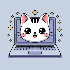 Wall Mural - Cute cartoon cat face on a laptop screen surrounded by sparkling stars on a light blue background