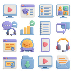 Education 3d icon set. containing computer, certificate, headset, video, chat, graph, download, list, conversation.