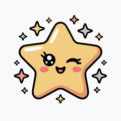 Wall Mural - A cute cartoon star with a winking eye and rosy cheeks surrounded by smaller colorful stars on white