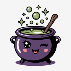 Wall Mural - A cartoon witch cauldron with a happy face and a wooden spoon and bubbles and stars around it