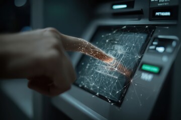 A close-up of a person's hand touching a touch button on a modern touch screen interface, displaying various options.