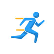 © Murda - A blue stylized figure runs with yellow speed lines on a white background.