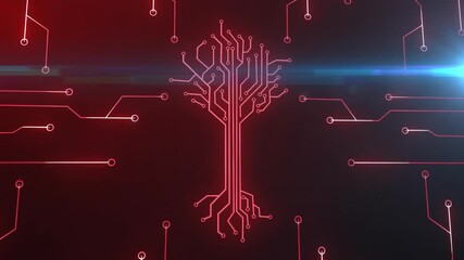 Wall Mural - After arc emerging red circuits converging into circuit tree then collapsing as blue flare pulsing