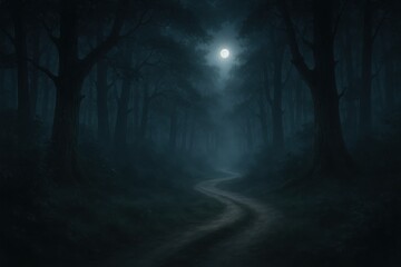 Wall Mural - Mystical moonlit forest path with atmospheric fog and ethereal lighting effects