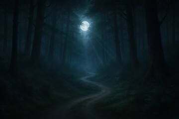 Wall Mural - Mystical moonlit forest path with atmospheric fog and ethereal lighting effects