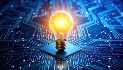 Wall Mural - a glowing light bulb on a microchip, representing innovation and modern technology in digital circui