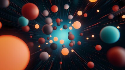 Wall Mural - The image shows numerous spheres of varying sizes and colors, primarily oranges, reds, and grays, moving rapidly through a dark space with streaks of light.A dark background features numerous spheres