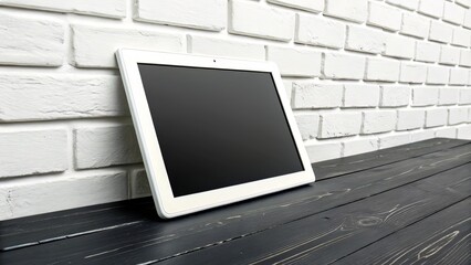 White Frame Leaning on Black Surface Against White Brick Wall