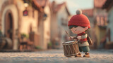 Cute 3D animated sahur drummer boy hitting a small bedug drum in a peaceful village street 