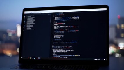 Laptop Screen Displaying Code with Syntax Highlighting at Night with Blurred City Lights Background