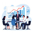 © KevinNandya - Business Planning Concept. Contemporary flat style vector illustration of a businessman giving a business forecast to a four of colleagues sitting at a desk with a growing graph in background.