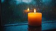 © Ashan - Candle glowing behind rainy window reflection, moody cozy ambiance, rainy day scene with candlelight and emotion