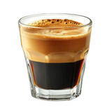 A layered shot of coffee with crema and dark espresso in a clear glass isolated on transparent background