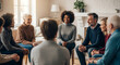 © AI Art - A group of people (diverse ages and ethnicities, unidentifiable) sitting in a circle in a cozy setting, participating in an active listening or support session. Expressions convey empathy and understa
