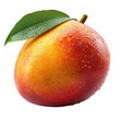 © Digishopppp - A ripe juicy mango with a green leaf and water droplets showcasing its vibrant colors and freshness isolated on transparent background