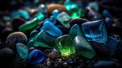 close-up of colorful glass rocks on a dark surface.